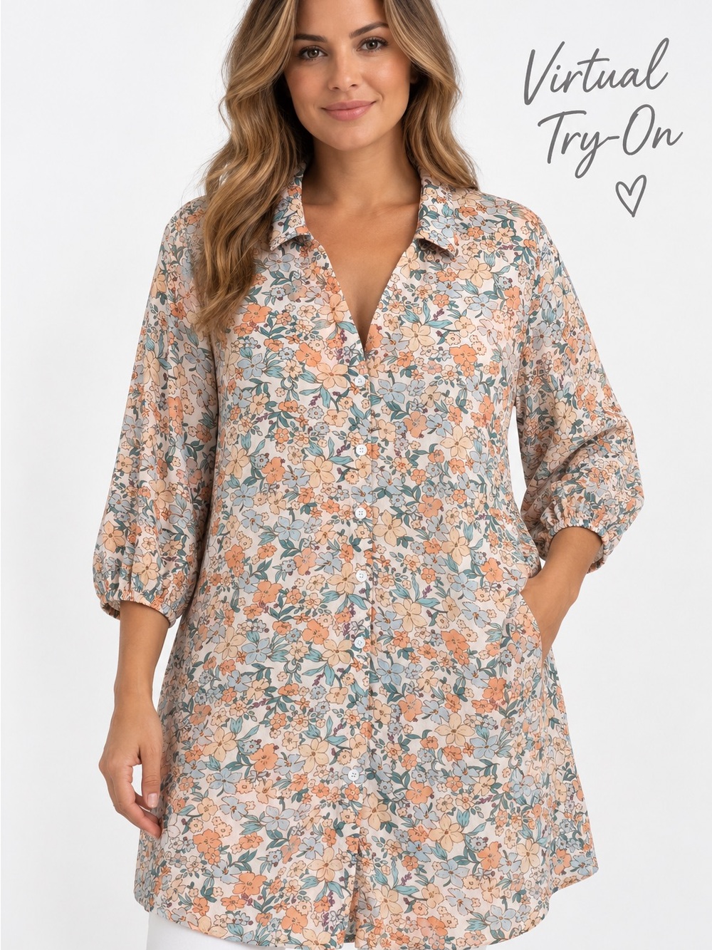 Women’s XL Floral Tunic Blouse 100% Rayon Button Front 3/4 Sleeve Boho Shirt